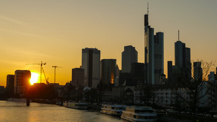 Frankfurt on Main Germany view over the Main river to the skyline of financial district in the evening