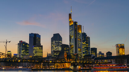 Frankfurt on Main Germany view over the Main river to the skyline of financial district in the evening