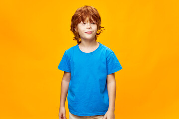 Smiling boy looking ahead is plotting something in blue t-shirt cropped view 