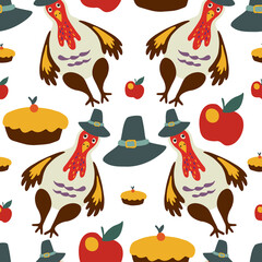 Modern seamless vector Thanksgiving pattern with turkeys, apples, pies and hats