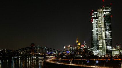 Fototapeta na wymiar The European Central Bank skyscraper in the city of Frankfurt at night. in Frankfurt Main Germany