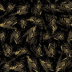 Gold glitter and black tropical seamless pattern. High quality illustration. Digital glitter texture in the shape of tropical palm tree leaves overlayed on a black background. Seamless design.