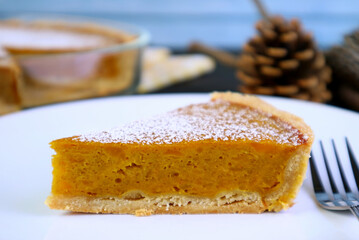 Closeup a Slice of Delectable Homemade Pumpkin Pie for the Concept of Autumn and Thanksgiving