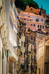 View of the facade of a building in the downtown of Lisbon in Portugal
