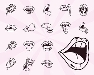 pop art female mouth line style symbols set vector design