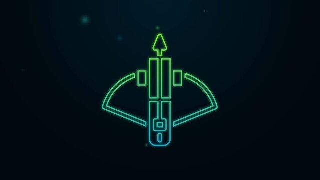 Glowing neon line Battle crossbow with arrow icon isolated on black background. 4K Video motion graphic animation