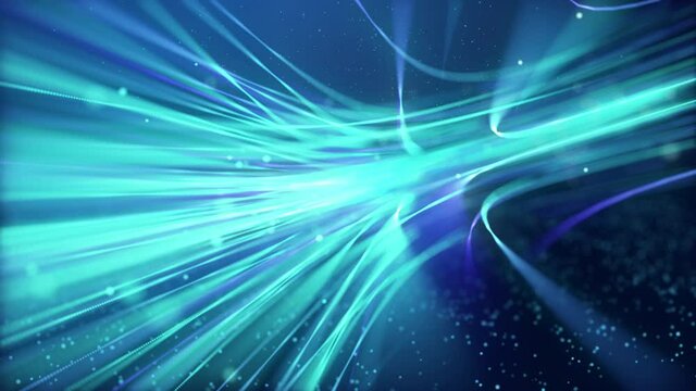 Abstract fast moving glowing neon particle created blue light curve line motion, digital futuristic internet data speed concept