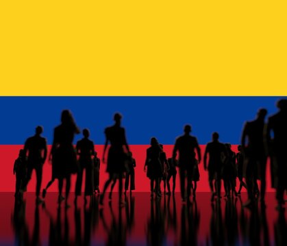 Silhoettes of unknown men and women on the flag of Colombia background. 3d rendering