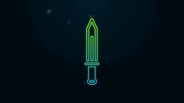 Glowing neon line Medieval sword icon isolated on black background. Medieval weapon. 4K Video motion graphic animation