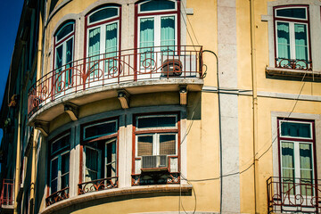 View of the facade of a building in the downtown of Lisbon in Portugal
