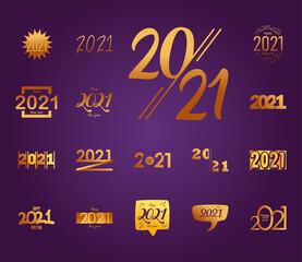 2021 gold gradient style set of icons vector design