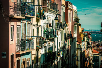 View of the facade of a building in the downtown of Lisbon in Portugal
