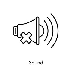Símbolo sonido apagado. Silencio. Logotipo lineal altavoz con olas con aspa en color negro