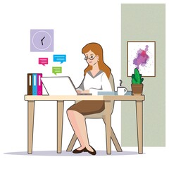 Young woman typing on laptop at desk illustration