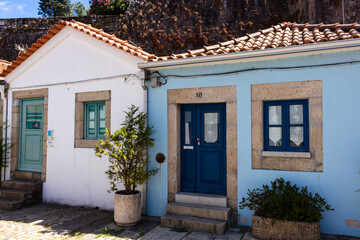 Vila Nova de Cerveira / Portugal - August 1, 2020: Traditional small houses in the center of the village.