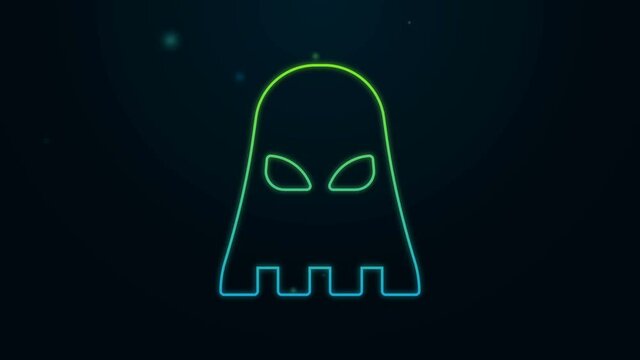Glowing neon line Executioner mask icon isolated on black background. Hangman, torturer, executor, tormentor, butcher, headsman icon. 4K Video motion graphic animation