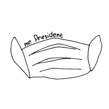 Doodle line illustration, coronavirus and President Trump screaming. Medical face mask and the inscription Mr. President. illustration on the theme of the president contracted the coronavirus