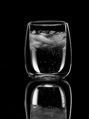 Fresh Clear Water and ice in a glass against a black background. Cold refreshing soft drink.