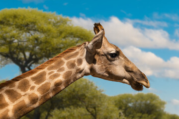 Close up of the neck and head of a giraffe in the East African savanna. In the background out of focus with nice bokeh, trees, clouds and blue sky.
