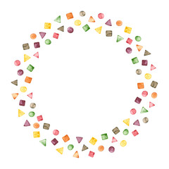 Watercolor round frame with geometric figures. Hand drawn illustration is isolated on white. Colorful wreath is perfect for school design, greeting card, interior poster, baby print