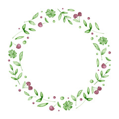 Obraz na płótnie Canvas Watercolor round frame with cherry and green leaves. Hand drawn illustration is isolated on white. Floral wreath with berries is perfect for vintage design, greeting card, interior poster, baby print