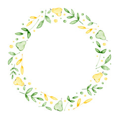 Watercolor round frame with pear and leaves. Hand drawn illustration is isolated on white. Floral wreath is perfect for vintage design, greeting card, interior poster, baby print