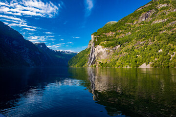 Fototapeta premium Panoramic and drone landscape of Geiranger fjords, Geirangerfjord, Norway