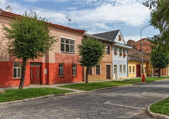 Historical street in Kezmarok city by day, Slovakia