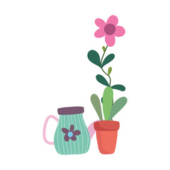 Naklejka na ściany i meble gardening, watering can and flower in pot nature isolated icon style