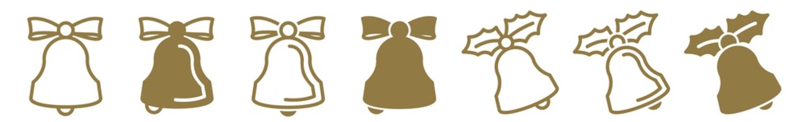 Christmas Bell Icon Gold | Bow Holly Bells Illustration | Jingle Symbol | Ribbon Handbell Logo | Xmas Sign | Isolated | Variations