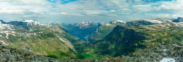 Naklejka na ściany i meble Panoramic view of Geirangerfjord and mountains, Dalsnibba viewpoint, Norway