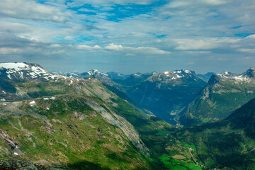 Panoramic view of Geirangerfjord and mountains, Dalsnibba viewpoint, Norway