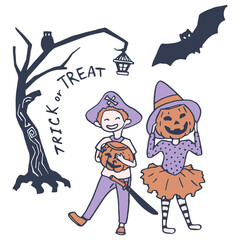 Spooky kids sticker set on white isolated backdrop. Trick or treat for invitation or gift card, notebook, bath tile, scrapbook. Phone case or cloth print art. Doodle style stock vector illustration