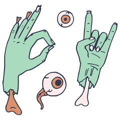 Green zombie hand on white isolated backdrop. Skull and eyeballs for invitation or gift card, notebook, bath tile, scrapbook. Phone case or cloth print art. Doodle style stock vector illustration