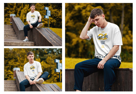 3 Oversized T-Shirt Mockups with Model Outdoors in Autumn