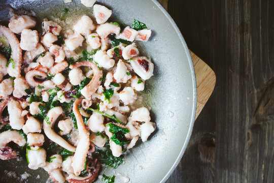 Cooked octopus in a pan