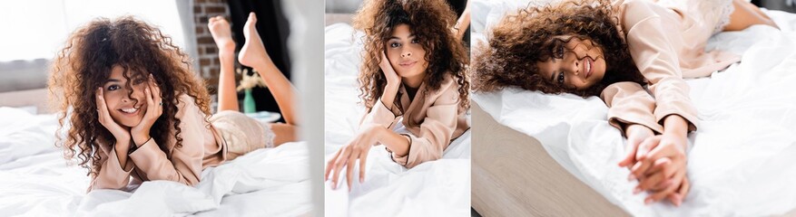 collage of pleased and curly woman looking at camera while lying on bed