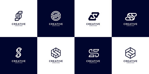Set of abstract initial letter S logo in black and white template. icons for business of luxury, elegant, simple. Premium Vector