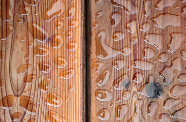 Beaded water droplets on a wooden deck boards
