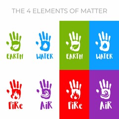 The 4 elements of matter symbols set. 4 elements of nature symbols in hand. Earth. Water. Fire. Air.