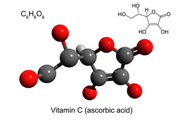 Chemical formula, structural formula and 3D ball-and-stick model of vitamin C (ascorbic acid), white background