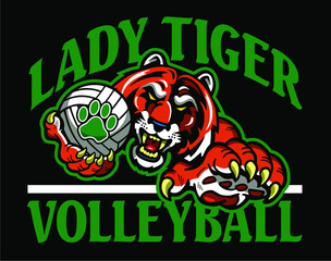 Fototapeta na wymiar lady tiger volleyball team design with mascot holding ball for school, college or league