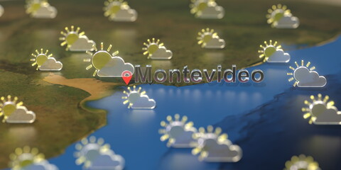 Partly cloudy weather icons near Montevideo city on the map, weather forecast related 3D rendering