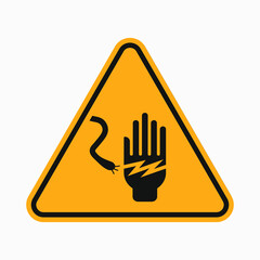 Vector symbol of high voltage, Danger yellow triangle sign. Hand and electric wire. Vector illustration. Warning icon isolated on white background.