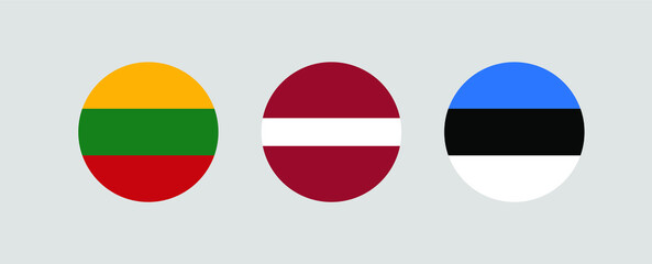 Vector illustration of Baltic countries flags in circle shape on light gray background. Flag symbol of Lithuania, Latvia and Estonia. - obrazy, fototapety, plakaty