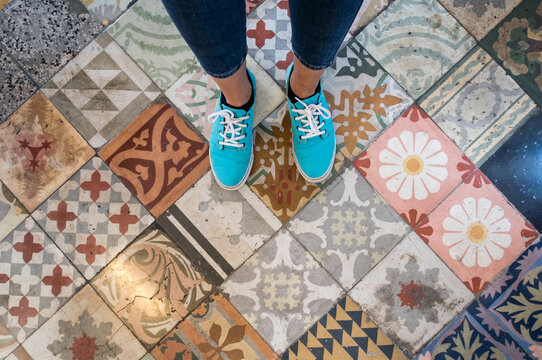 Floor with a lot of different vintage tiles