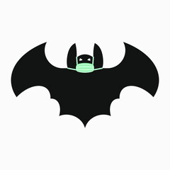 Vector illustration of a black bat with face mask isolated on white background. Coronavirus outbreak symbol. Dangerous Chinese nCoV virus from Wuhan.