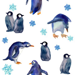 Watercolor seamless pattern with penguins in snow. Winter animals with snowflakes. Cold colors. Design for New Year's decor, covers, packaging.