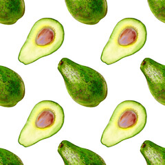 Hand drawn watercolor seamless pattern with avocado. Stock illustration with colorful vegetables.