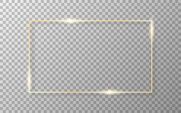 Gold frame on transparent background. Luxury golden border. Shiny rectangle with soft shadow. Wedding or fashion object. Realistic template. Vector illustration